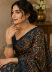 Pure Bold Black Handblock Ajrakh Print Modal Silk Saree