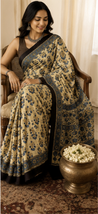 Pure Fawn Beige Handblock Ajrakh Print Modal Silk Saree