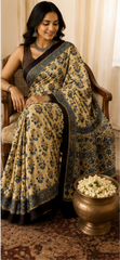 Pure Fawn Beige Handblock Ajrakh Print Modal Silk Saree