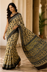 Pure Fawn Beige Handblock Ajrakh Print Modal Silk Saree