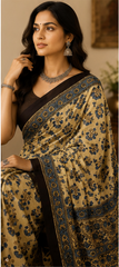 Pure Fawn Beige Handblock Ajrakh Print Modal Silk Saree