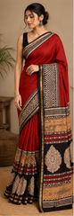 Pure Red Block Print Chanderi Silk Saree