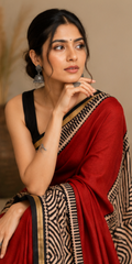Pure Red Block Print Chanderi Silk Saree