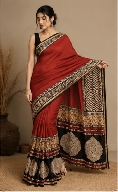 Pure Red Block Print Chanderi Silk Saree