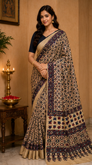 Pure Beige Handblock Ajrakh Print Mirror work Modal Silk Saree