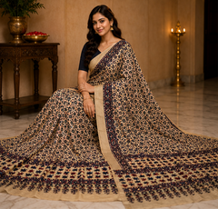Pure Beige Handblock Ajrakh Print Mirror work Modal Silk Saree