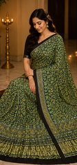 Pure Moss Green Handblock Print Mirror work Modal Silk Saree