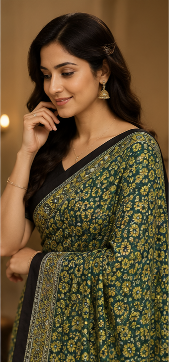 Pure Moss Green Handblock Print Mirror work Modal Silk Saree