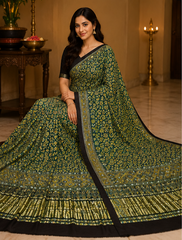 Pure Moss Green Handblock Print Mirror work Modal Silk Saree