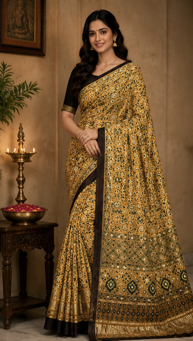 Pure Golden Ochre Handblock Print Mirror Work Modal Silk Saree