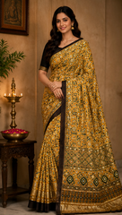 Pure Golden Ochre Handblock Print Mirror Work Modal Silk Saree