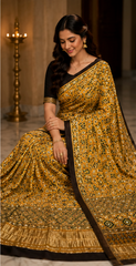 Pure Golden Ochre Handblock Print Mirror Work Modal Silk Saree