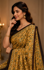 Pure Golden Ochre Handblock Print Mirror Work Modal Silk Saree