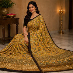 Pure Golden Ochre Handblock Print Mirror Work Modal Silk Saree