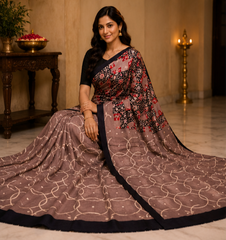 Pure Earthy Brown Handblock Print Mirror Work Modal Silk Saree