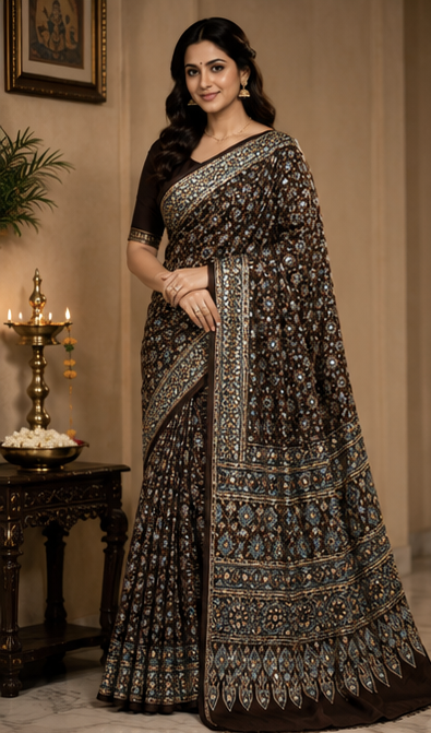 Pure Charcoal Black Handblock Print Mirror work Modal Silk Saree