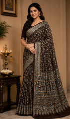 Pure Charcoal Black Handblock Print Mirror work Modal Silk Saree