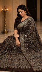 Pure Charcoal Black Handblock Print Mirror work Modal Silk Saree