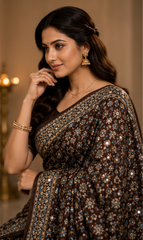 Pure Charcoal Black Handblock Print Mirror work Modal Silk Saree