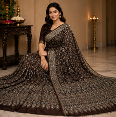 Pure Charcoal Black Handblock Print Mirror work Modal Silk Saree