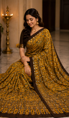 Pure Mustard Yellow Handblock Print Mirror work Modal Silk Saree