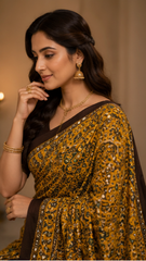 Pure Mustard Yellow Handblock Print Mirror work Modal Silk Saree