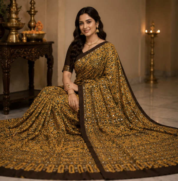 Pure Mustard Yellow Handblock Print Mirror work Modal Silk Saree