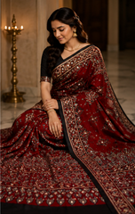 Pure Maroon Handblock Print Mirror Work Modal Silk Saree