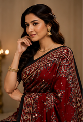 Pure Maroon Handblock Print Mirror Work Modal Silk Saree