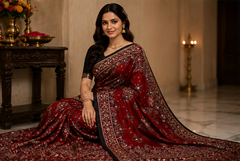 Pure Maroon Handblock Print Mirror Work Modal Silk Saree