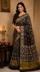 Pure Black Handblock Print Mirror Work Modal Silk Saree