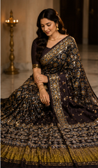 Pure Black Handblock Print Mirror Work Modal Silk Saree
