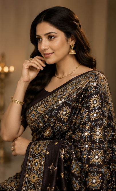 Pure Black Handblock Print Mirror Work Modal Silk Saree