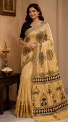 Pure Off-White Handblock Print Mirror Work Modal Silk Saree
