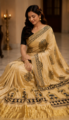 Pure Off-White Handblock Print Mirror Work Modal Silk Saree