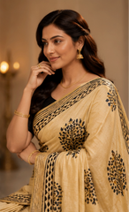 Pure Off-White Handblock Print Mirror Work Modal Silk Saree