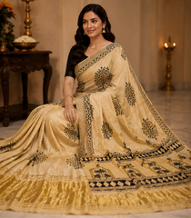 Pure Off-White Handblock Print Mirror Work Modal Silk Saree