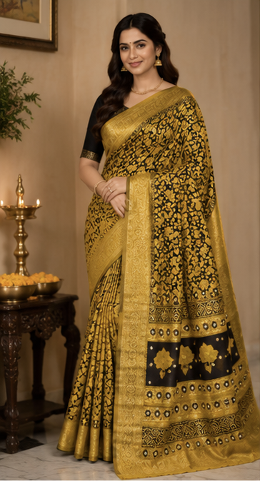 Pure Ochre Yellow Handblock Print Mirror Work Modal Silk Saree
