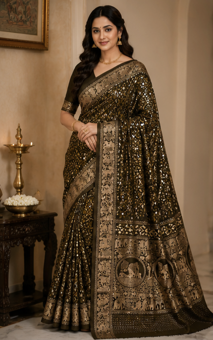 Pure Golden Zari Handblock Print Mirror Work Modal Silk Saree
