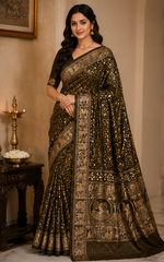 Pure Golden Zari Handblock Print Mirror Work Modal Silk Saree