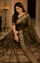 Pure Golden Zari Handblock Print Mirror Work Modal Silk Saree
