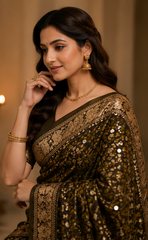 Pure Golden Zari Handblock Print Mirror Work Modal Silk Saree