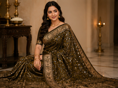 Pure Golden Zari Handblock Print Mirror Work Modal Silk Saree