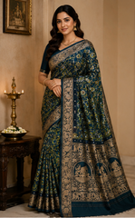 Pure Bottle Green Handblock Print Mirror Work Modal Silk Saree