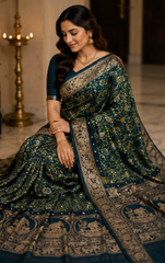 Pure Bottle Green Handblock Print Mirror Work Modal Silk Saree