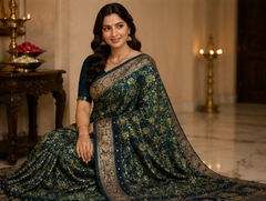 Pure Bottle Green Handblock Print Mirror Work Modal Silk Saree