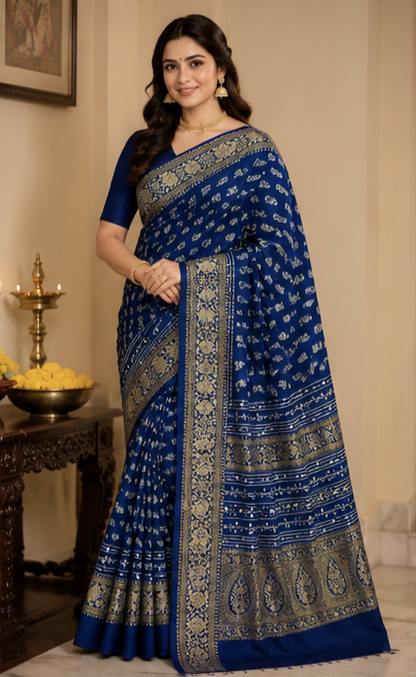 Pure Navy Blue Handblock Print Mirror Work Modal Silk Saree