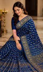 Pure Navy Blue Handblock Print Mirror Work Modal Silk Saree