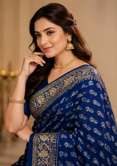 Pure Navy Blue Handblock Print Mirror Work Modal Silk Saree