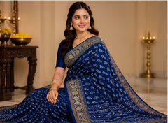 Pure Navy Blue Handblock Print Mirror Work Modal Silk Saree